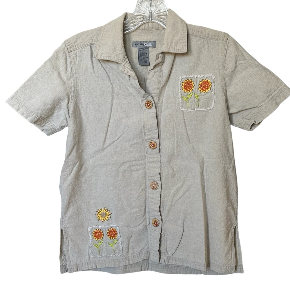 Activology Casual Linen Beaded Embroidered Floral Button Down‎ Womens PS Granola